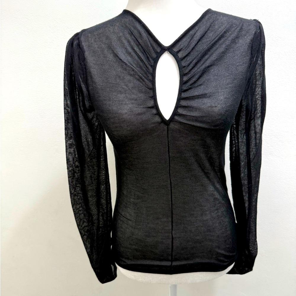 Zara Black Sheer Long Sleeve Top with ruched sleeves peephole NWT size Medium